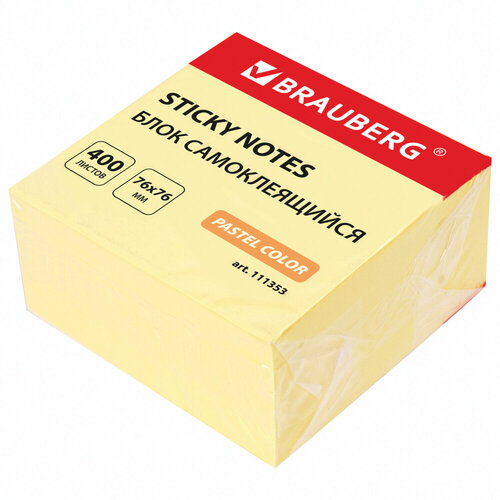 Блок самоклеящийся (стикеры) BRAUBERG 76х76 мм, 400 листов, желтый, 111353 упаковка 6 шт.