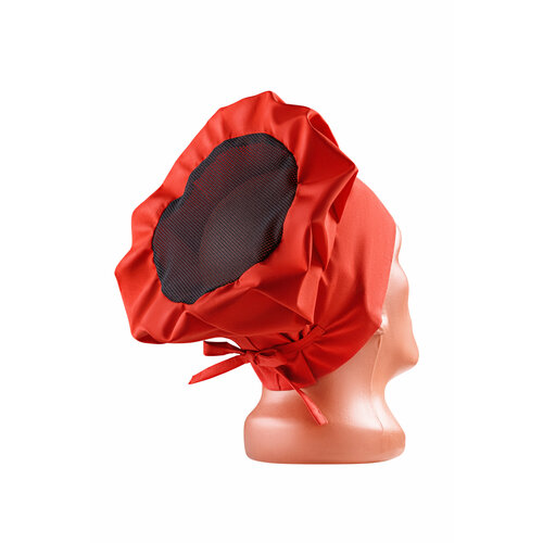 Классический головной убор для повара "грибок" выполнен из смесовой ткани с сеткой 35% CO 65% PE 120 гр/м2 Цвет: красный/черная сетка