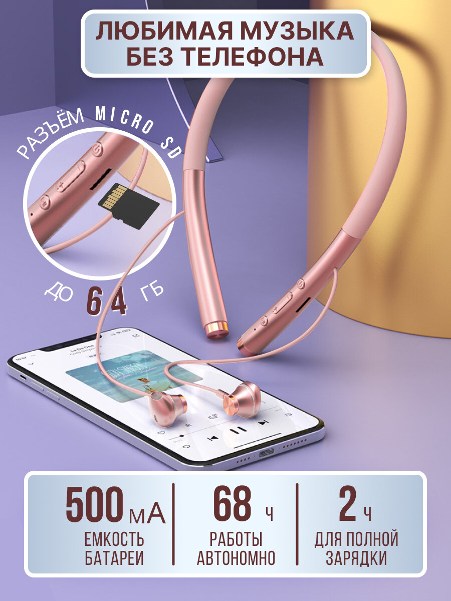 Наушники беспроводные блютуз с микрофоном спортивные для бега на шею (WI розовые)
