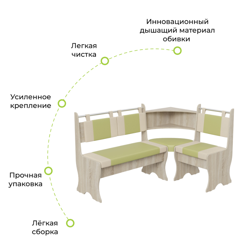 Кухонный уголок Дельта BONMEBEL Сонома/фисташка беж. 152х104х90.5 см