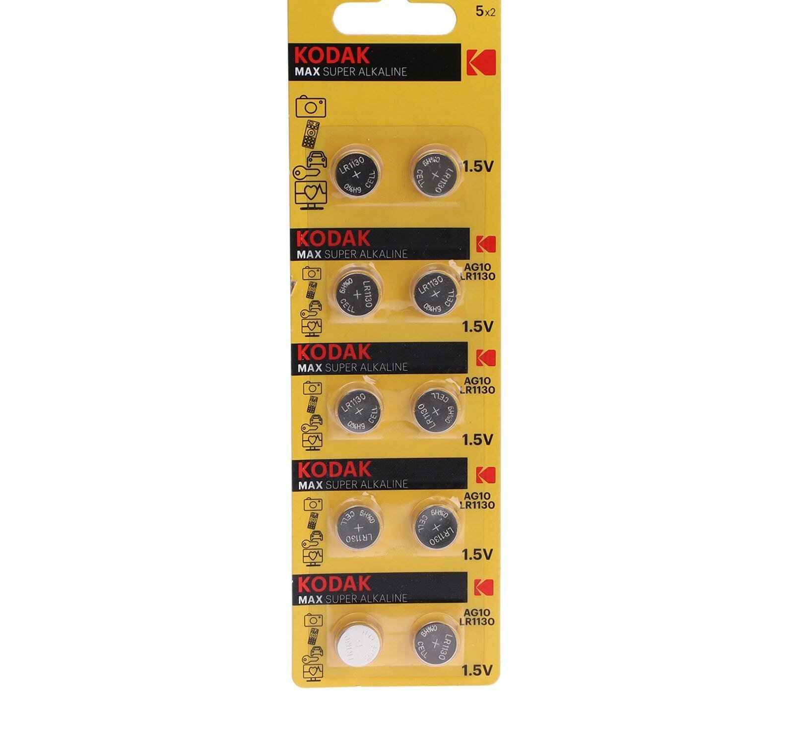 Батарейка алкалиновая Kodak, AG10 (G10, 389, LR1130, LR54)-10BL, 1.5В, блистер, 10 шт.
