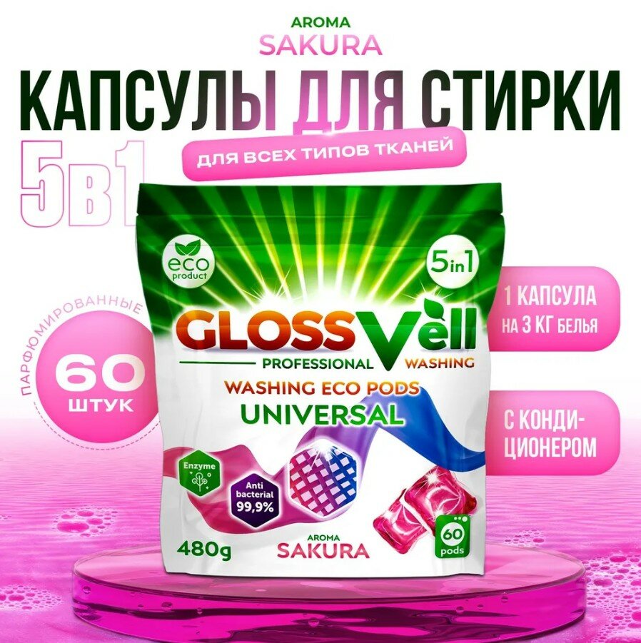 фото Капсулы для стирки цветного белья с кондиционером Glossvell 6в1 Ocean Breeze, 20 шт, суперконцентрат, антибактериальный эффект