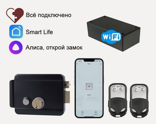Изображение товара Электромеханический замок на калитку с радиопультами и Wi-Fi приложением Smart Life, Tuya, Яндекс Алиса (черного цвета)