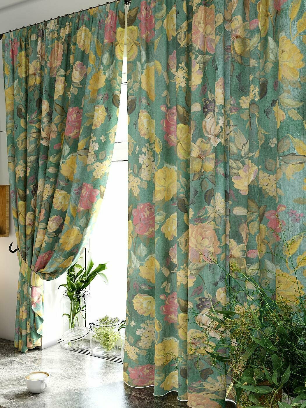 Комплекты штор AT HOME Римзин высота 180 см, ширина 150 см, крепление - шторная лента, Зеленый