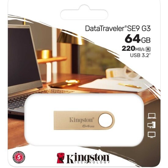 USB флешка Kingston 64Gb DTSE9G3/64Gb USB 3.2 Gen 1 (220/100 Mb/s) gold