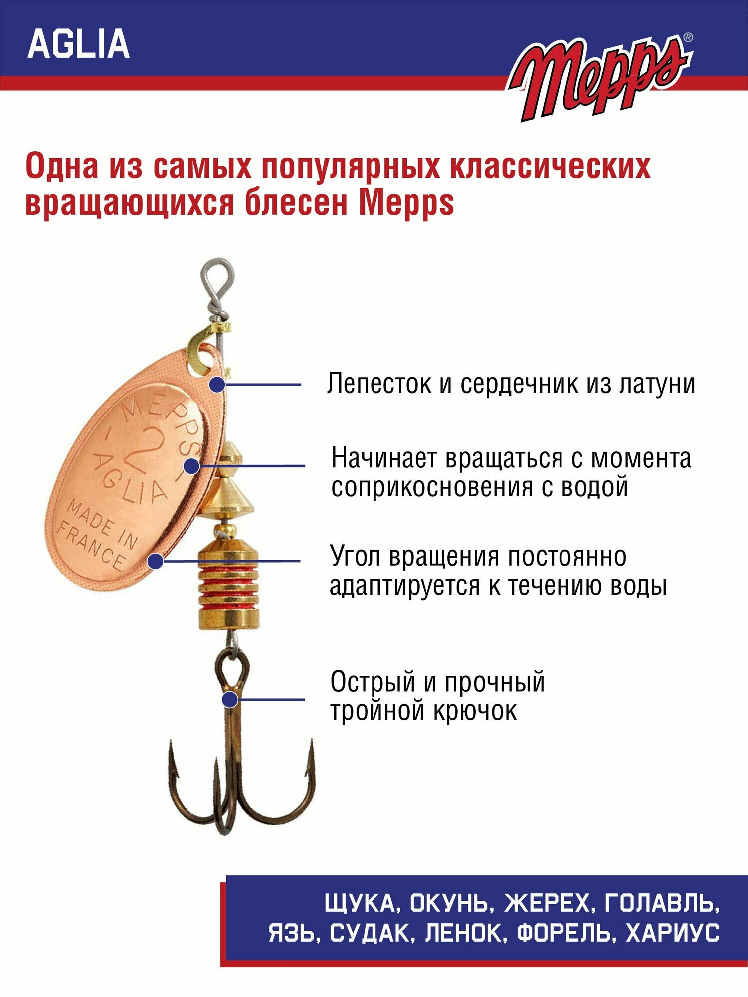Блесна вращающаяся для рыбалки Mepps AGLIA CU №2 . Приманка на щуку, окуня, форель — фото 1