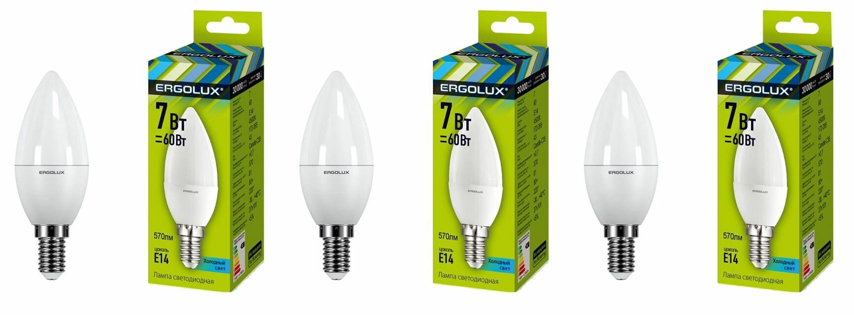 Ergolux Лампочка LED-C35-7W-E14-4K, Свеча, светодиодная, 3 шт.