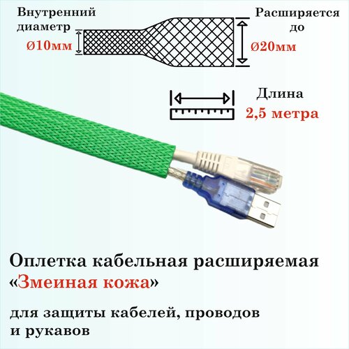 Оплетка кабельная расширяемая для защиты кабелей и проводов Змеиная кожа 10мм, 2.5м, зеленая 4 мм 5 м цветная изоляция плетеные рукава плотные пэт кабели защита расширяемая кабельная втулка провод ткацкий станок