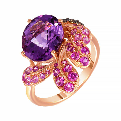 Кольцо JV, красное золото, 585 проба, бриллиант, аметист, сапфир, размер 18 золотое кольцо с аметистом бриллиантами рубином сапфиром
