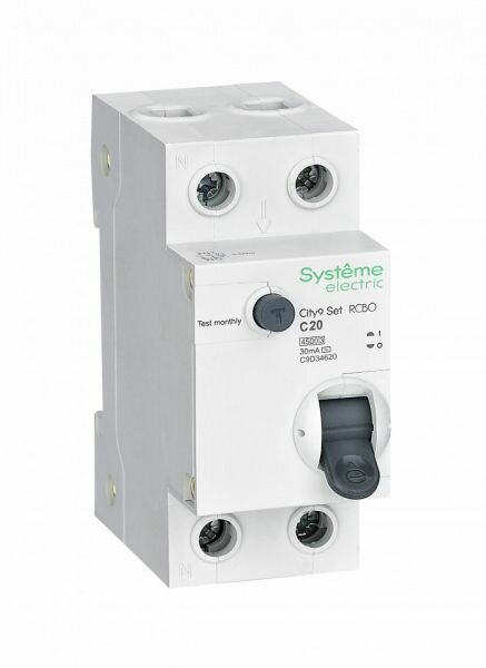 Systeme Electric City9 Set Автоматический выключатель дифференциального тока (АВДТ) 1P+N С 20А 4.5kA 30мА Тип-AС 230В C9D34620