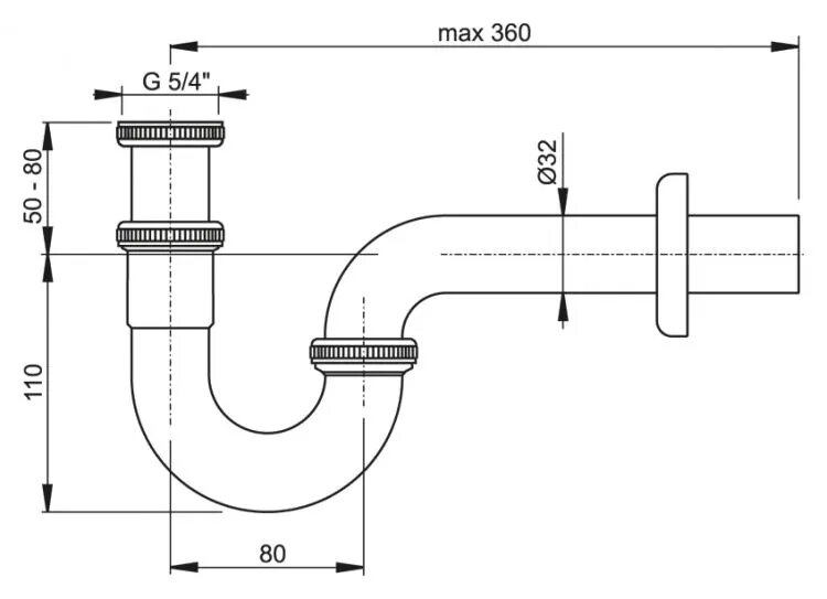 Сифон для умывальника Alcaplast A432 32 мм цельнометаллический с накидной гайкой 5/4"