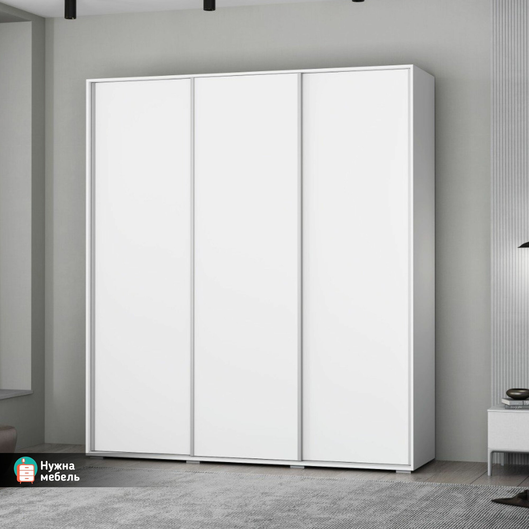 Шкаф-купе для одежды без зеркал трехстворчатый Модель Бакс 50 с полками и продольной штангой Белого цвета Мебель в спальню прихожую и гостиную