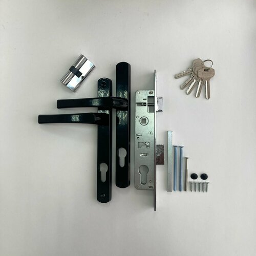 Комплект замок и ручка на калитку из профиля S-Locked без ответной планки черный с личинкой