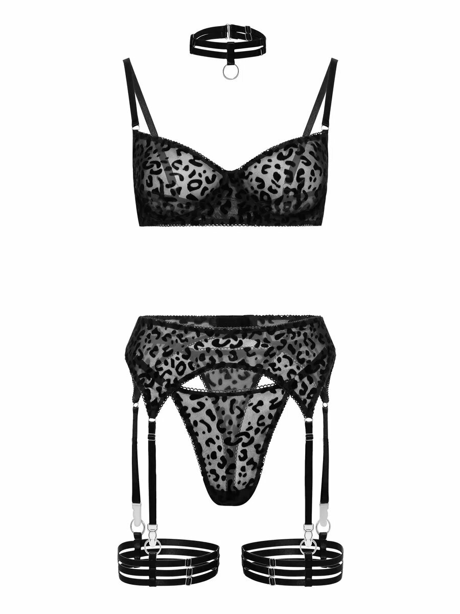 Комплект нижнего белья Bralive с мягкой чашкой, чоппером и поясом для чулок, размер M, леопард — фото 1