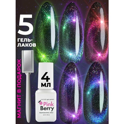 Набор гель лаков для ногтей кошачий глаз хамелеон от Pinkberry из 5 цветов по 4 мл