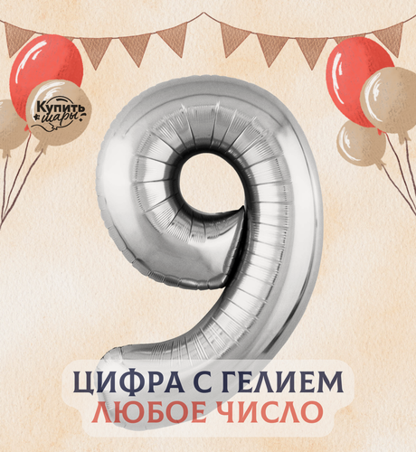 Изображение товара Фольгированный воздушный шар с гелием цифра 9, Серебро, 101 см, Flexmetal