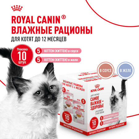 ROYAL CANIN KITTEN 5 х 85 г кусочки в соусе + KITTEN 5 х 85 г кусочки в желе мультипак влажный корм для котят в возрасте до 12 месяцев