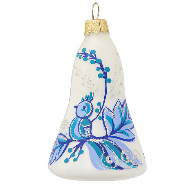 Стеклянная елочная игрушка Колокольчик Райская Птица - Гжельские узоры 8 см, подвеска, Коломеев, ФУ-135-104/Р