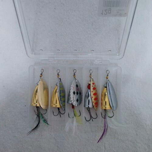 Набор блёсен-вертушек для рыбалки (5 шт, 12 грамм) – универсальные, на щуку, окуня, судака, форель, карпа + кейс