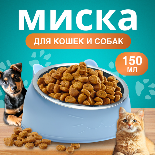 Миска для кошек и собак на подставке, 150 мл, голубая, для влажного и сухого корма, металлическая, с наклоном