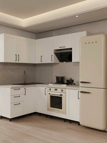 Изображение товара Кухонный гарнитур угловой Аризона МДФ 1,4х2м белый с модулем под духовой шкаф со столешницей (белый каспий)