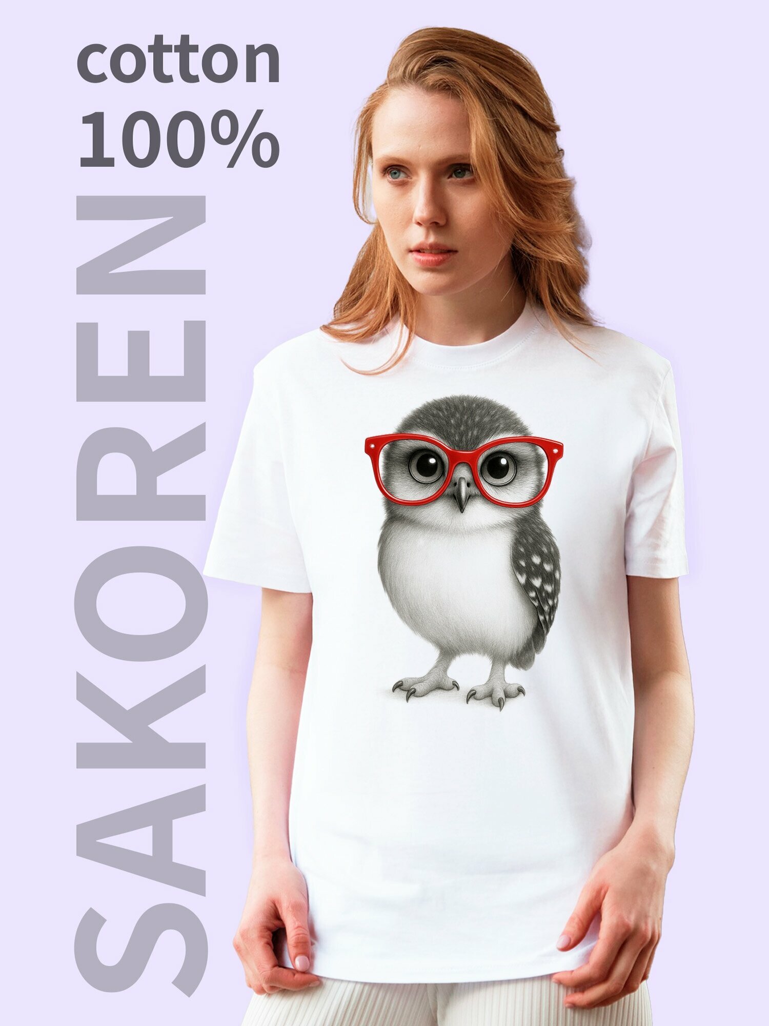 Футболка классическая женская с авторским принтом Смешная черно-белая сова в красных очках, оригинальный карандашный рисунок, белый хлопковый трикотаж с прикольным рисунком на груди