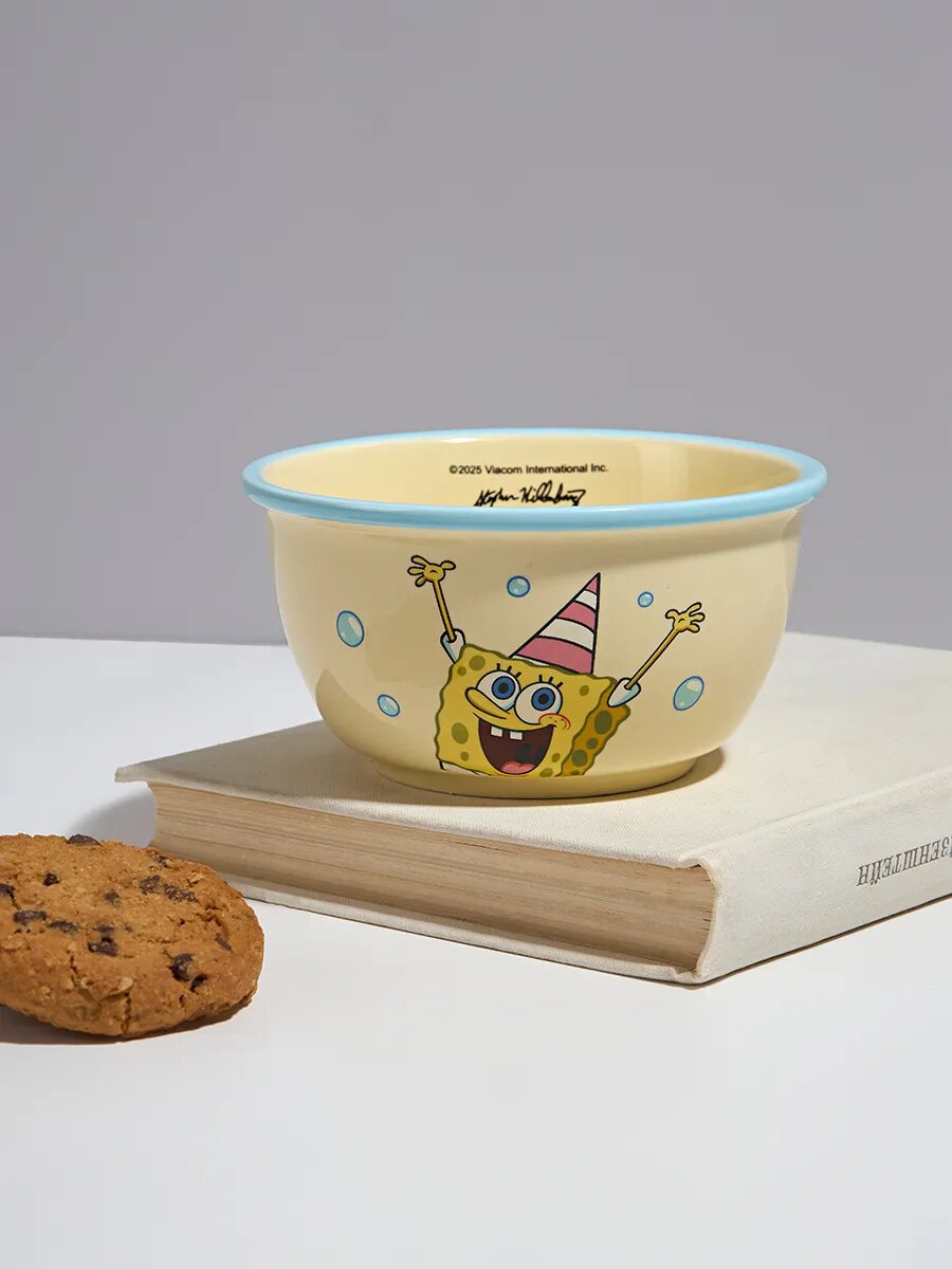 Тарелка Тепло в руках "Спанч Боб", керамическая, 300мл, желтая с голубой окантовкой — фото 1