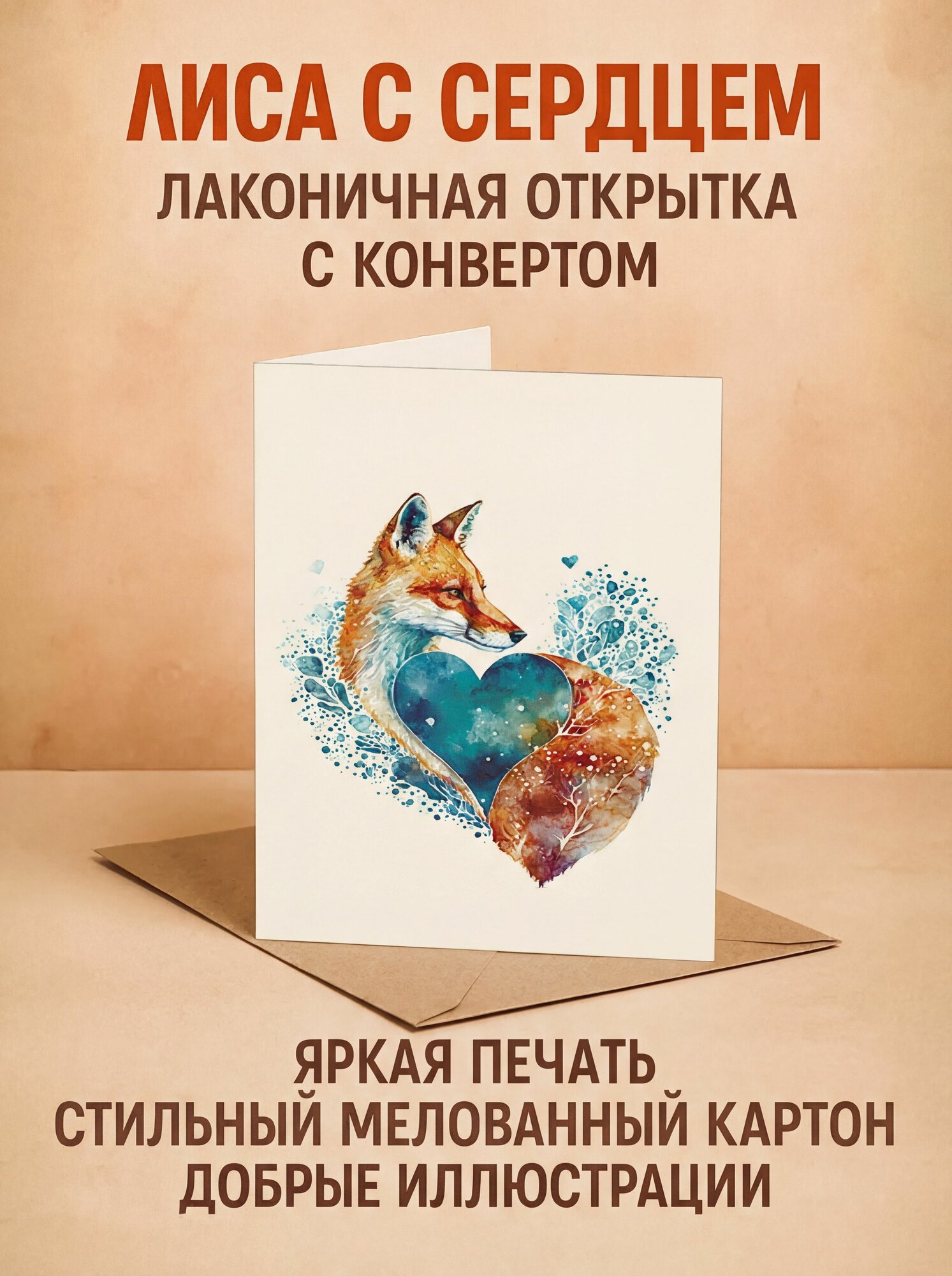Открытка с конвертом "Лиса с сердцем", 10x15 складная подарочная без надписей, валентинка в подарок любимому человеку, для любителя животных