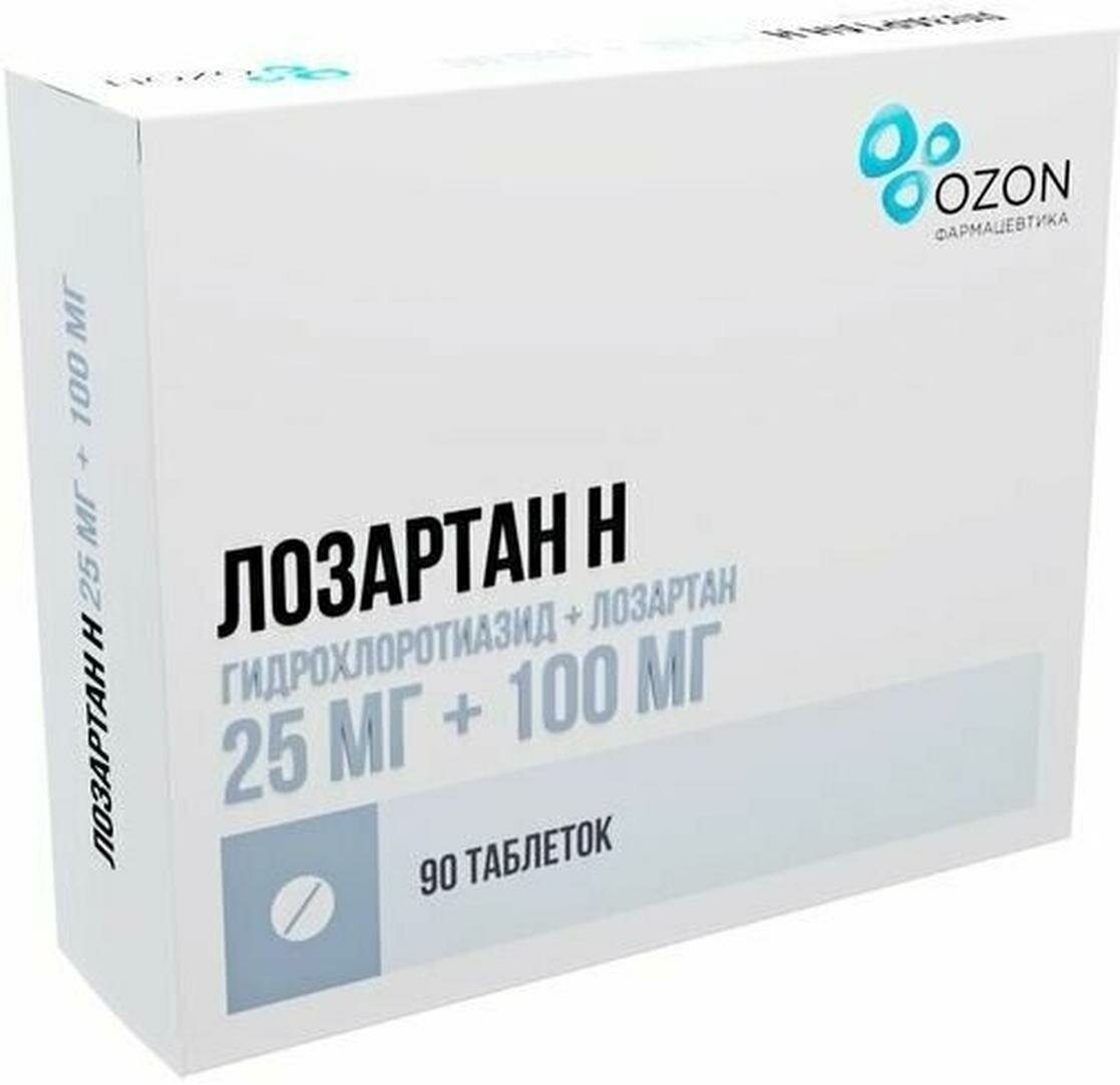 Лозартан Н таб. п/о плен., 25 мг+100 мг, 90 шт.