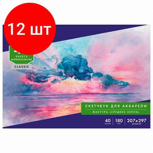 Комплект 12 шт, Альбом для акварели, бумага 180 г/м2, 207х297 мм, 40 л, склейка, BRAUBERG ART CLASSIC, 105929 комплект 7 шт альбом для акварели бумага 180 г м2 297х414 мм 20 л склейка brauberg art classic 105930