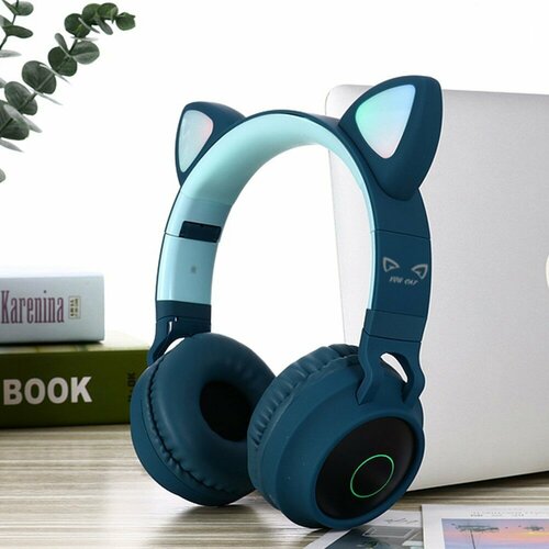 You Cat - BT028C Темно-синие. Cat Ear Headphones, беспроводные наушники кошачьи ушки светящиеся, с поддержкой SD/FM.