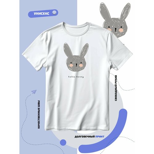 Футболка SMAIL-P рисованный кролик с розовыми щечками hello bunny, размер 4XL, белый