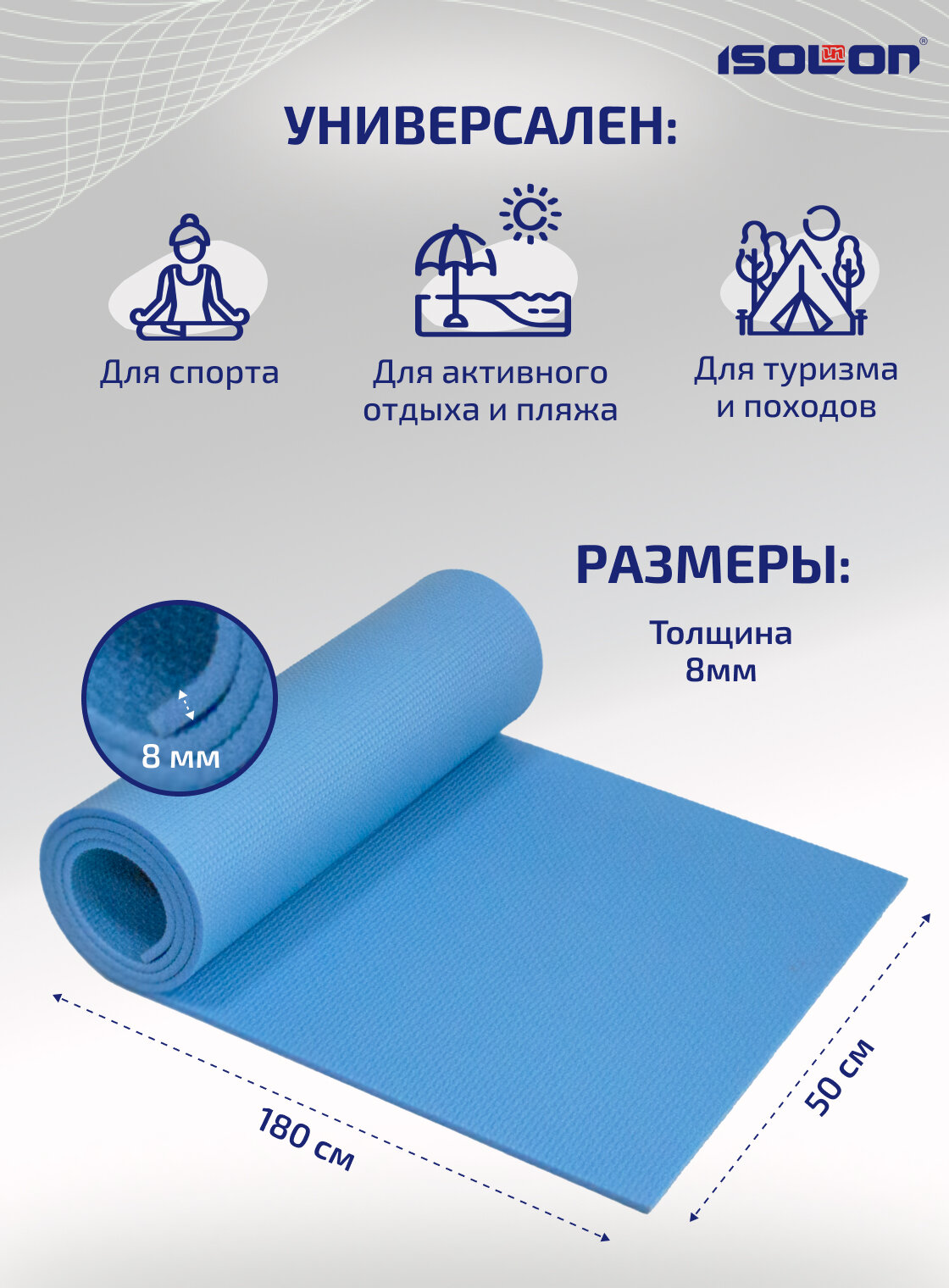 Коврик спортивный для фитнеса Isolon Спорт Комфорт 8, 1800х500х8 мм синий