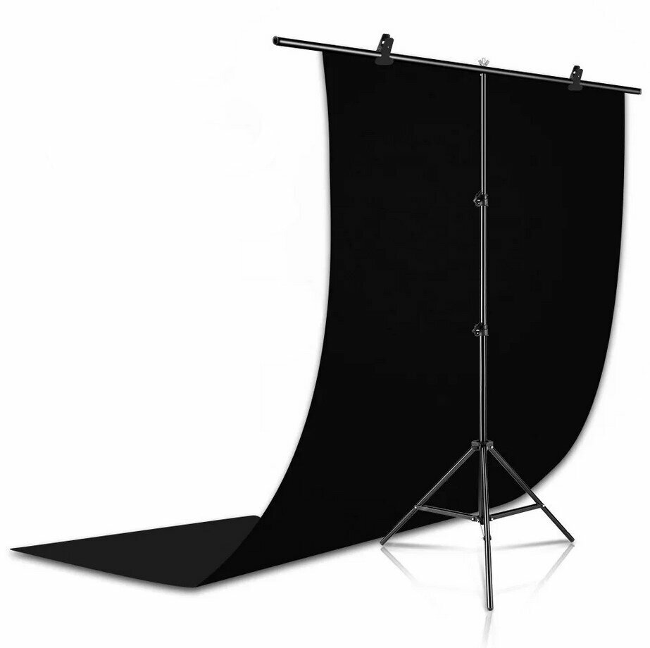 фото Чёрный фон и Стойка Т-образная, система установки фона 1,5х2м с чёрным фоном 1,5х2м плотным, полиэстер, держатель крепление для фотофона