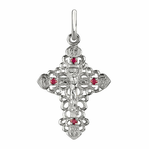 Крестик CORDE крест православный, серебро, 925 проба, родирование, рубин, размер 2.4 см.
