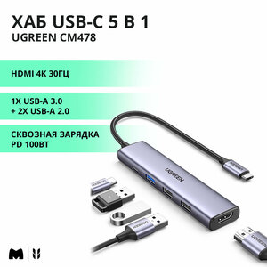 Хаб USB-C 5 в 1 UGREEN CM478 / 1xUSB-A 3.0 + 2хUSB-A 2.0 / HDMI 4K 30Гц / PD зарядка 100Вт / цвет серый космос (15495)