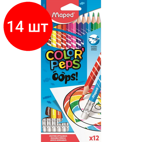 Комплект 14 наб, Карандаши цветные Maped COLOR'PEPS OOPS пластик, c ластиком,12цв/наб,832812 комплект 8 наб карандаши цветные maped color peps oops пластик c ластиком 12цв наб 832812