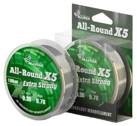 Леска монофильная Allvega "ALL-ROUND X5" 0.30мм (100м) (9,78кг) (прозрачная)