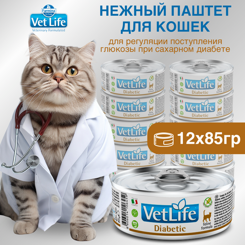 влажный корм farmina vet life diabetic для кошек при диабете 85 г Набор. Влажный корм Farmina Vet Life Diabetic для кошек, при сахарном диабете, 85 г, 12 шт