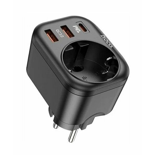 блок питания ac mini usb 5v 3a 15w Зарядное устройство HOCO NS3, USB-C(PD 20W) + 2USB(QC3.018W) + розетка AC250V, черный