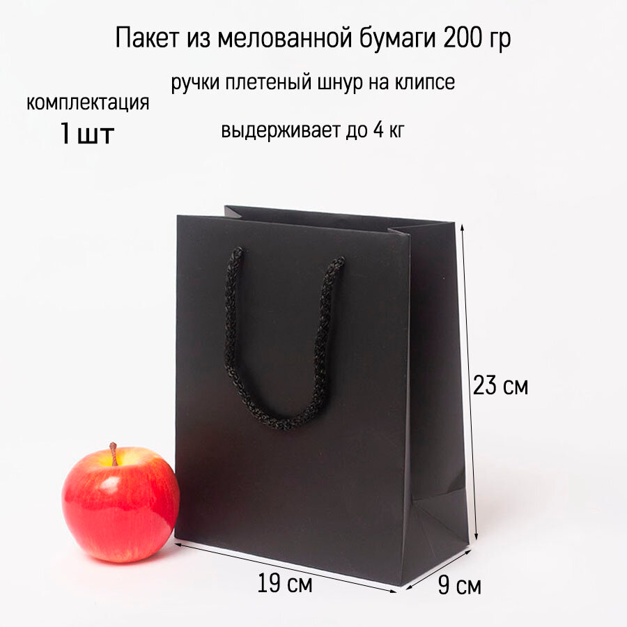 Пакет подарочный 19x23x9, черный, меловка (1шт)