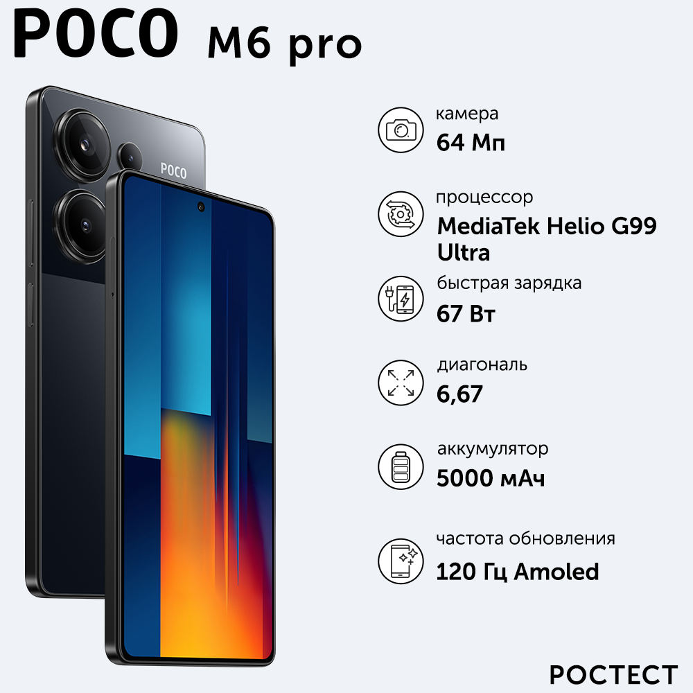 Смартфон POCO M6 Pro RU 8+256 N6P/Black/6.67"FHD+/AMOLED/120Hz/MTK G99 Ultra/And13/64+8+2MP/16MP/microSD/5000mAh