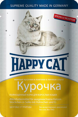 Happy Cat 0,1кг курочка кусочки и ломтики в яичном соусе для кошек (400720) 24 шт.