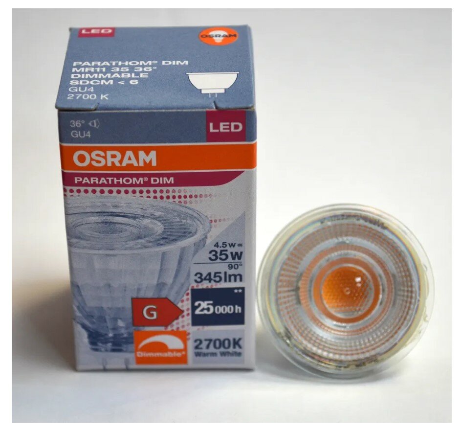 фото Лампочка светодиодная OSRAM Софит MR11 GU4 4,5Вт 12В 345Лм 2700К Теплый белый Диммируемая, уп. 1шт