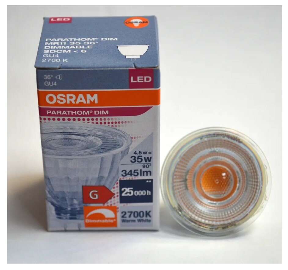 Лампочка светодиодная OSRAM Софит MR11 GU4 45Вт 12В 345Лм 2700К Теплый белый Диммируемая уп. 1шт