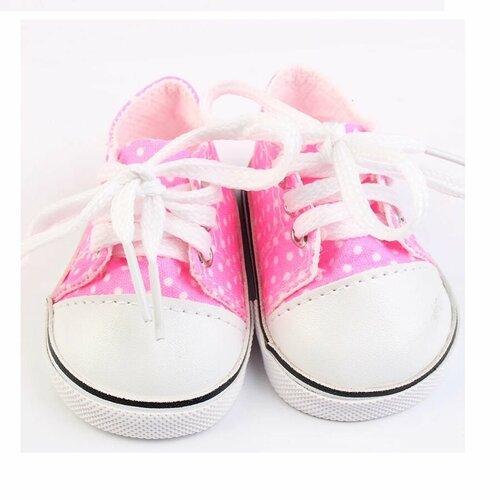 фото Обувь для кукол, кеды на шнурках 7 см для кукол выше 45 см, светло-розовые в белый горошек favoridolls