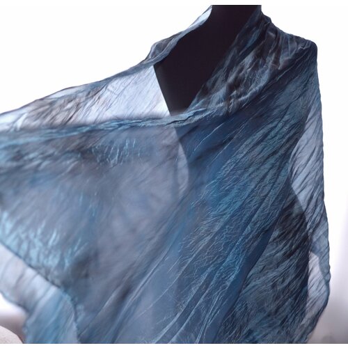 фото Шарф ,195х90 см, универсальный, синий, серый летящий шёлк