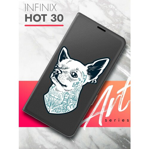 Чехол на Infinix HOT 30 (Инфиникс Хот 30) черный книжка эко-кожа с функцией подставки и магнитами Book case, Brozo (принт) Собака с тату чехол на infinix hot 30 инфиникс хот 30 черный книжка эко кожа с функцией подставки и магнитами book case brozo принт котик в клубнике