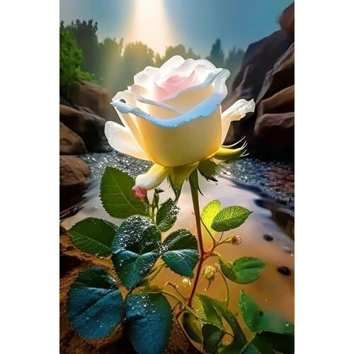 Алмазная мозаика 40x50 см. на холсте с подрамником (картина стразами, алмазная вышивка) Белая роза в лучах солнца
