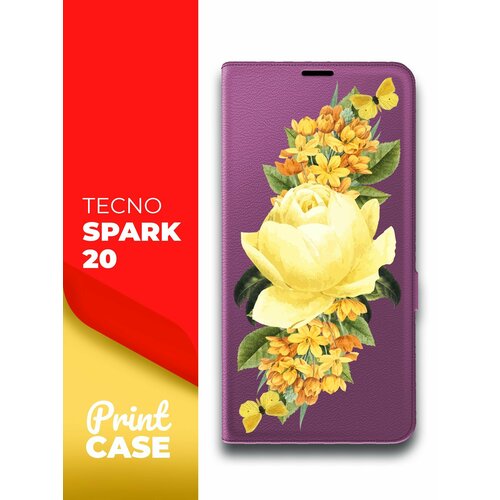 Чехол на Tecno Spark 20 (Техно Спарк 20) фиолетовый книжка эко-кожа подставка отделением для карт и магнитами Book Case, Miuko (принт) Желтые Розы чехол на tecno spark 20 техно спарк 20 фиолетовый книжка эко кожа подставка отделением для карт и магнитами book case miuko принт доллар тату